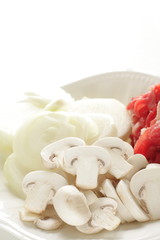 Raw food ingredient, beef and onion with sliced mushroom,
