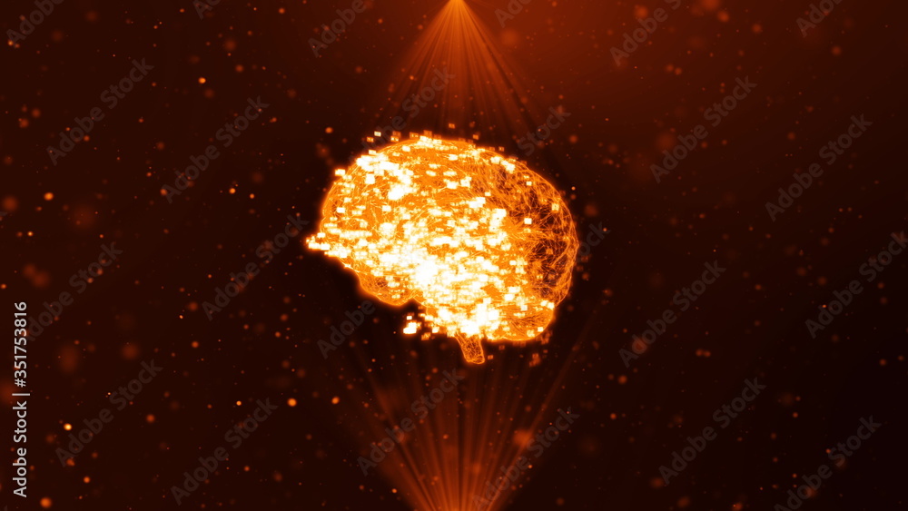 Poster hologram of human brain scan ai concept glowing light particles arranged in the formation of human b