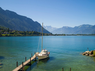 Fototapeta na wymiar View of Lake Geneva from Chillon castle. Montreux. Switzerland.