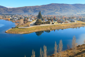 Cromwell town and Kawarau river near Lake Dunstan view from The Bruce Jackson Lookout, Central...