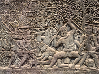 Bas-relief 'The Khmer defeat the Chams' of the Bayon temple in Angkor Thom - Siem Reap, Cambodia