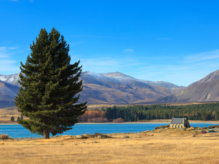 Beautiful landscape of Lake Tekapo with the Church of the Good Shepherd in far distance, South...