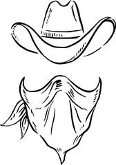 Doodle Hat and scarf , cowboy style. Vector illustration