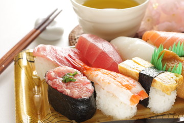 Japanese food, assorted sushi in food container for take out cuisine