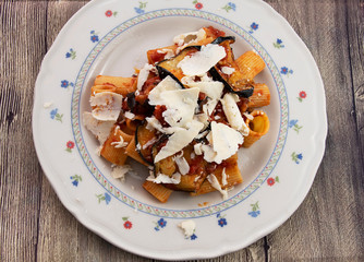 Pasta alla Norma, with eggplant, tomato and sheep's ricotta