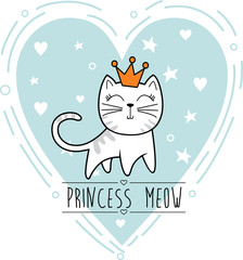 Princess mew, cute cat in heart icon, vector illustration