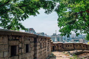 Fototapeta na wymiar Naksan fortress wall road and Seoul cityscape in Seoul, Korea