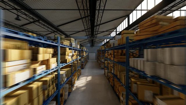 Moving Backwards Inside the Warehouse in the Daytime 3D Rendering