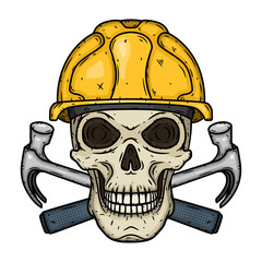 Skull Builder. Skull in yellow helmet with two crossed hammers. Worker's skull.