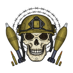 Soldier skull. Skull in helmet with mortar shells, bullets and barbed wire.