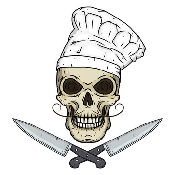 Skull in toque with knifes. Cartoon skull. Chef skull.