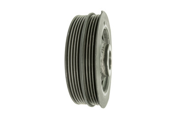 Old crankshaft pulley on white background, isolated, Car maintenance service.