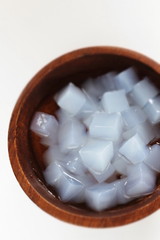 nata de coco in wooden bowl fermentation of coconut water for healthy dessert 