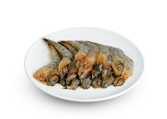 Peeled shrimp raw  with plate isolated on white background ,include clipping path