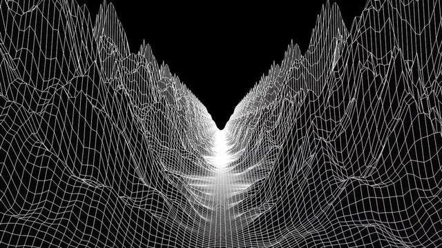 3d rendering a gorge between two wireframe mountain chains. Computer generated digital landscape. Futuristic topography background