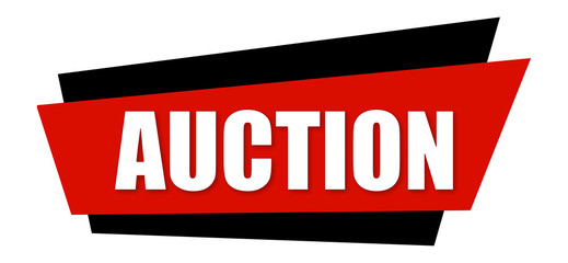 Auction - clearly visible white text is written on red and black sign isolated on white background
