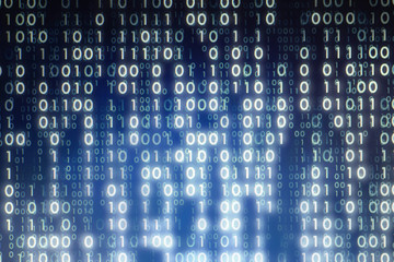 multiple exposure photo of computer monitor screen displaying binary code. digital age abstract background made of uneven lighting and glowing blue and White binary data concepts