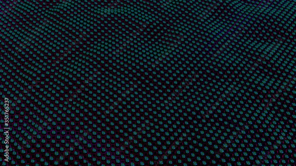 Poster wavy surface of many neon spheres with reflection. 3d rendering modern isometric background, compute
