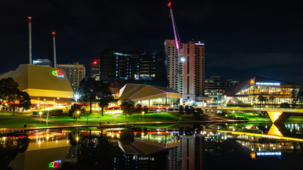 A night cityscsape with the river torrens on a very calm night in Adelaide South Australia  taken on the 21st May 2020 © Darryl