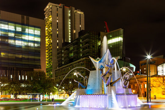 A night shot of the three rivers fountain located in Victoria Square Adelaide South Australia on the 21st May 2020