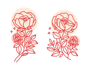 set of rose illustration logo elements and flower plant lineart design for sticker, card, tags, wedding invitation, decoration, or banner