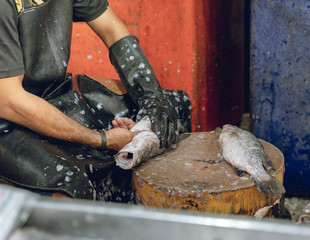 Hombre moreno trabajando quitando escamas en un pescado fresco