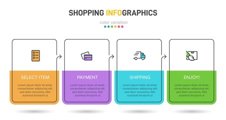 Concept of shopping process with 4 successive steps. Four colorful graphic elements. Timeline design for brochure, presentation, web site. Infographic design layout.
