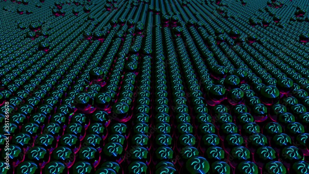 Poster wavy surface of many neon spheres with reflection. 3d rendering modern isometric background, compute