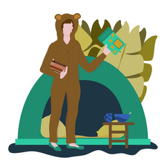 Cute girl reader dressed in pajamas in form of bear holds stack of books and box of cornflakes. Self-isolation during an outbreak of coronavirus. Cozy home tent. Learning and hobbies illustration.