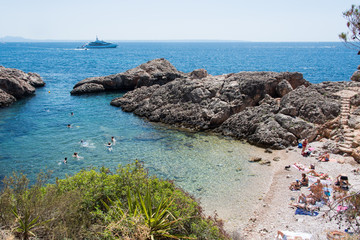 Beach with people and sea landscape in Punta Negra, Calvia, Majorca