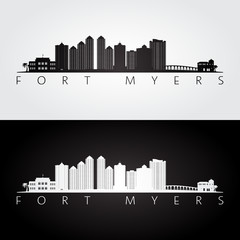 Obraz premium Fort Myers, Florida skyline and landmarks silhouette, black and white design, vector illustration.