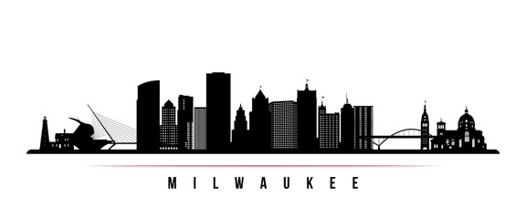 Milwaukee skyline horizontal banner. Black and white silhouette of Milwaukee, Wisconsin. Vector template for your design.