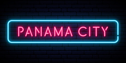 Panama City neon sign. Bright light signboard. Vector banner.