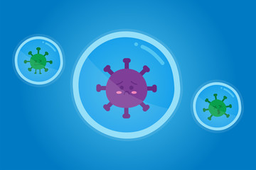 Cute cartoon of coronavirus in the bubble. Capture for kill three sad and deadly virus. Concept of self-care, Covid-19.