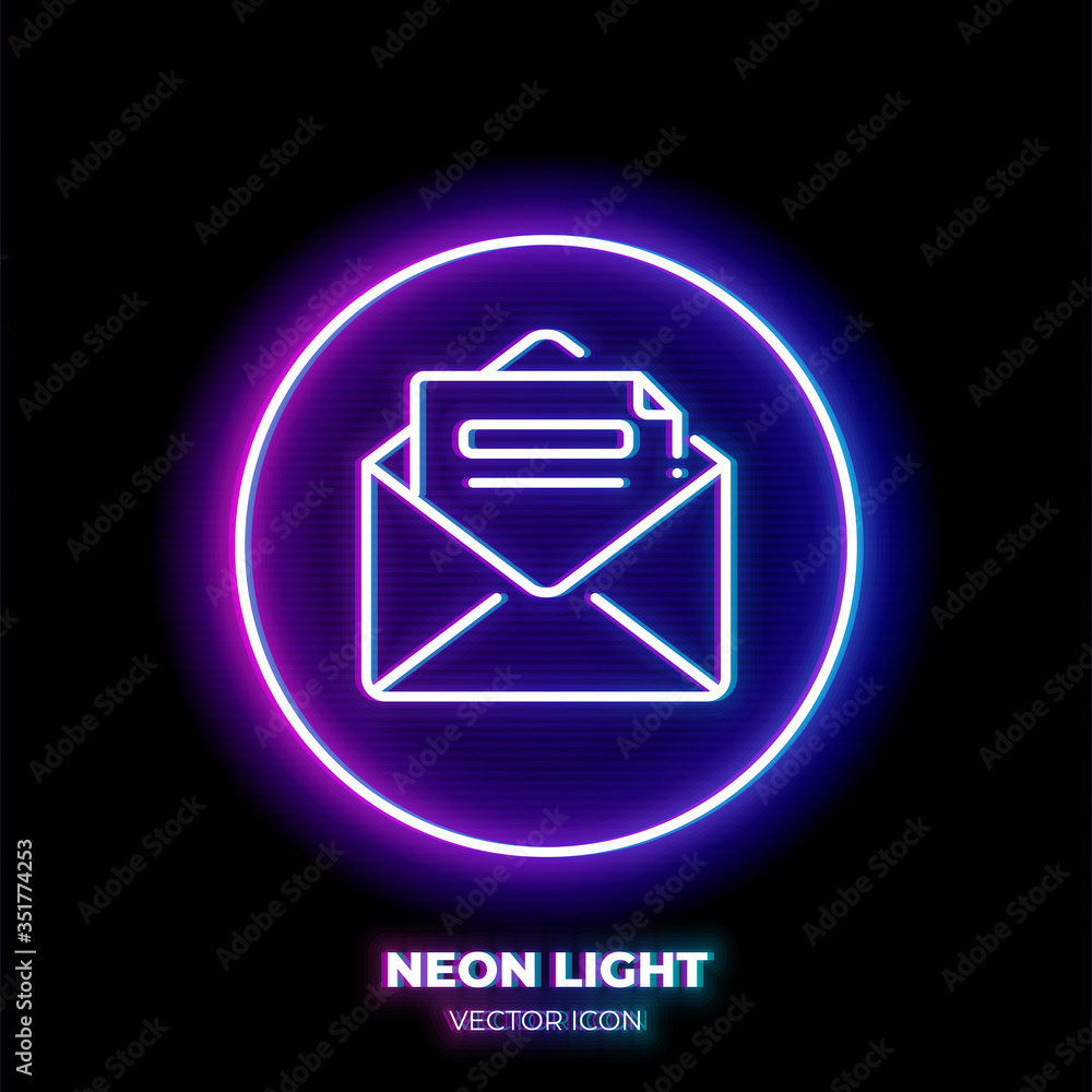 Poster letter neon light line art vector icon. outline symbol of email. message pictogram made of thin stro