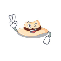 Happy panama hat cartoon design concept show two fingers