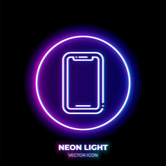 Smartphone neon light line art vector icon. Outline symbol of modern phone. Mobile smart cellphone pictogram made of thin stroke. Isolated on background.