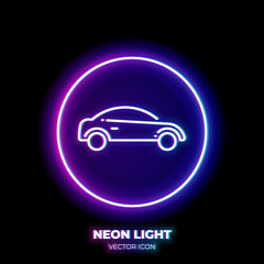 Car neon light line art vector icon. Outline symbol of vehicle. Sedan automobile pictogram made of thin stroke. Isolated on background.