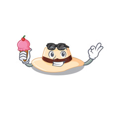 A cartoon drawing of panama hat holding cone ice cream