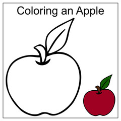 Apple. Delicious fruit with a leaf. Color by example. Vector illustration. White isolated background. Coloring book. Developing illustration. Fresh dietary product. Harvesting. Seasonal product. 