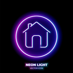 Home neon light line art vector icon. Outline symbol of house. Building pictogram made of thin stroke. Isolated on background.