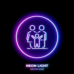 Family neon light line art vector icon. Outline symbol of group of people. Mother, father and kid pictogram made of thin stroke. Isolated on background.