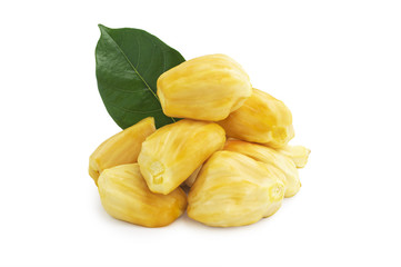 Close up of jack fruit with green leaves on dish