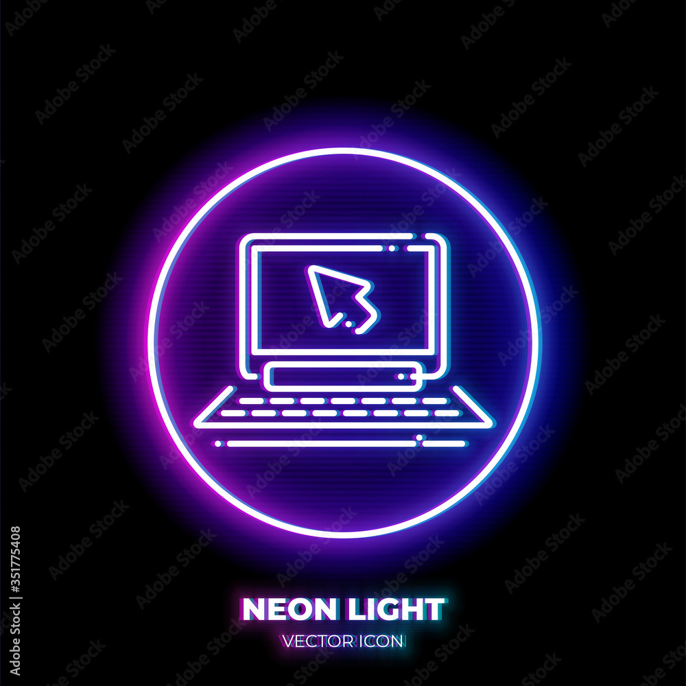 Poster laptop with mouse cursor neon light line art vector icon. outline symbol of notebook. action click p