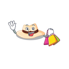 wealthy panama hat cartoon character with shopping bags