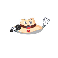 cartoon character of panama hat sing a song with a microphone