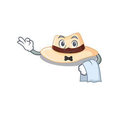 A cartoon picture of panama hat waiter with a white napkin