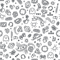 Seamless pattern of gaming objects. Virtual reality, computers, game genres and related stuff. Vector illustration in doodle style © liu_miu