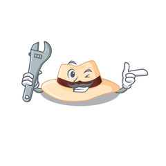 A caricature picture of panama hat working as a mechanic