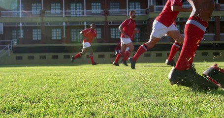 Rugby player kicking the ball from the kicking tee in the stadium - Powered by Adobe
